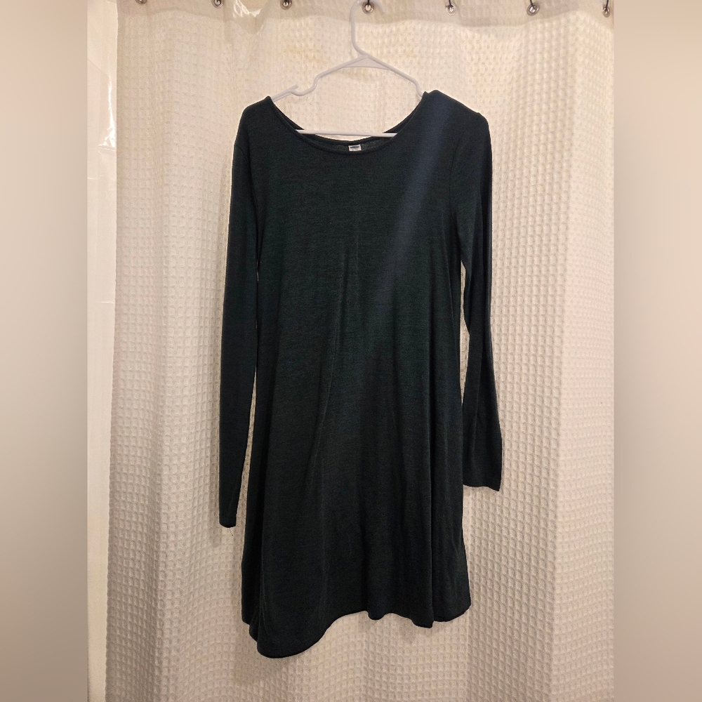 Simple Long Sleeve Swing Dress - Dark Green